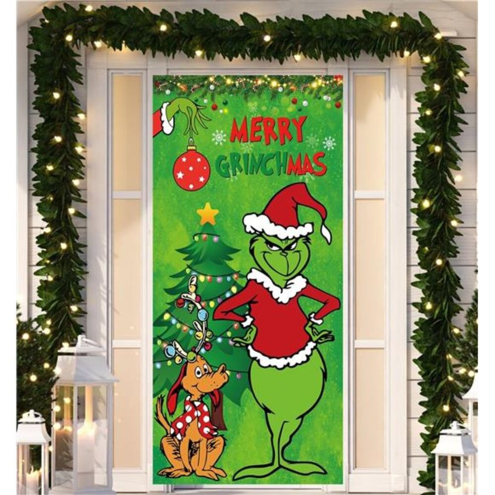 Merry Grinchmas Door Cover, Christmas Porch Welcome Banner for Indoor/Outdoor